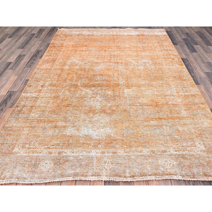 6'1"X9' Orange Overdyed Old Tebraz Distressed Look Wool Hand Knotted Rug