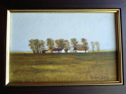 Dante Ferrari 1986 Signed Original Oil Painting Farmhouses Encaustic on Gesso