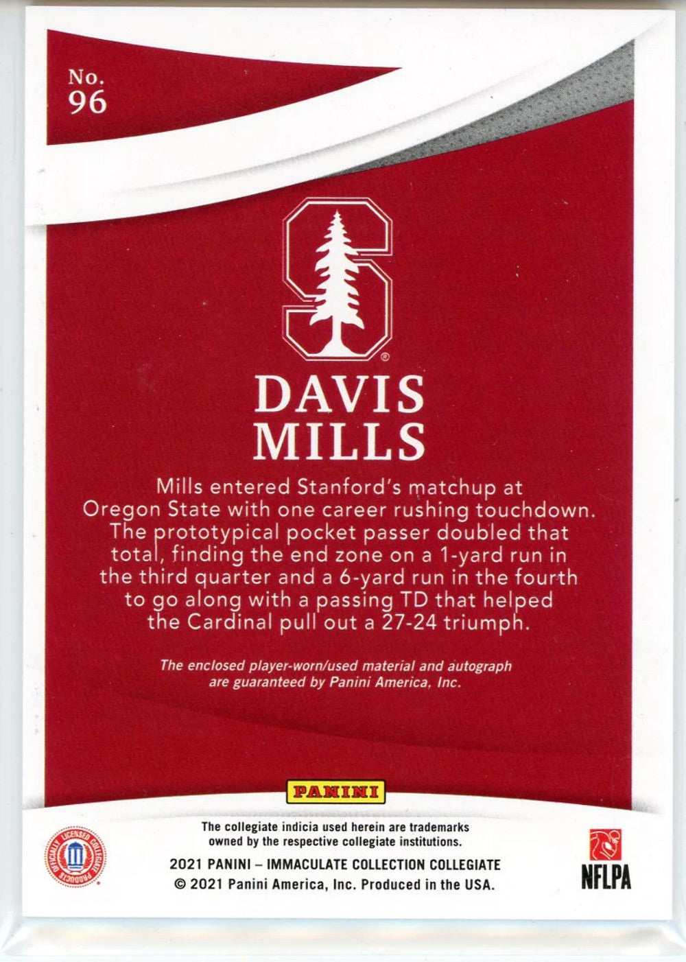 Davis Mills Autographed 2021 Panini Immaculate Collection Collegiate Rookie Patc