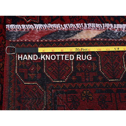 1'10"X5' Red Afghan Khamyab Geometric Pattern Hand Knotted Wool Runner Rug