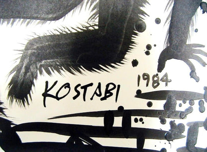 Mark Kostabi 1984 Original Painting Drawing Black Ink On Paper Signed Coa