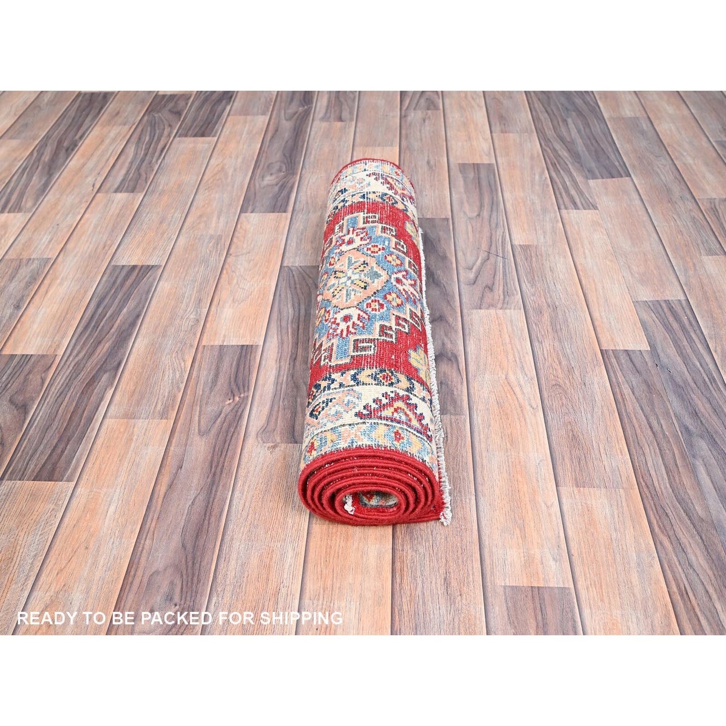 2'1"X5'6" Red Kazak Geometric Medallion Motifs 100% Wool Hand Knotted Rug