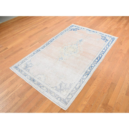 4'7"X7'6" Pink Worn Wool Hand Knotted White Wash Vintage Karman Rug
