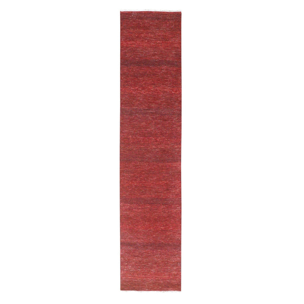 Rug 2'6"x11'10" Red Modern Grass Design Hand Knotted Wool and Silk Runner