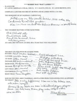 Max Lanier Autographed Hand Filled Out Survey Page (Jsa)