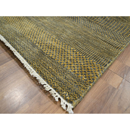 9'2"X12'6" Bone Brown Modern Grass Design Hand Knotted Wool And Silk Rug