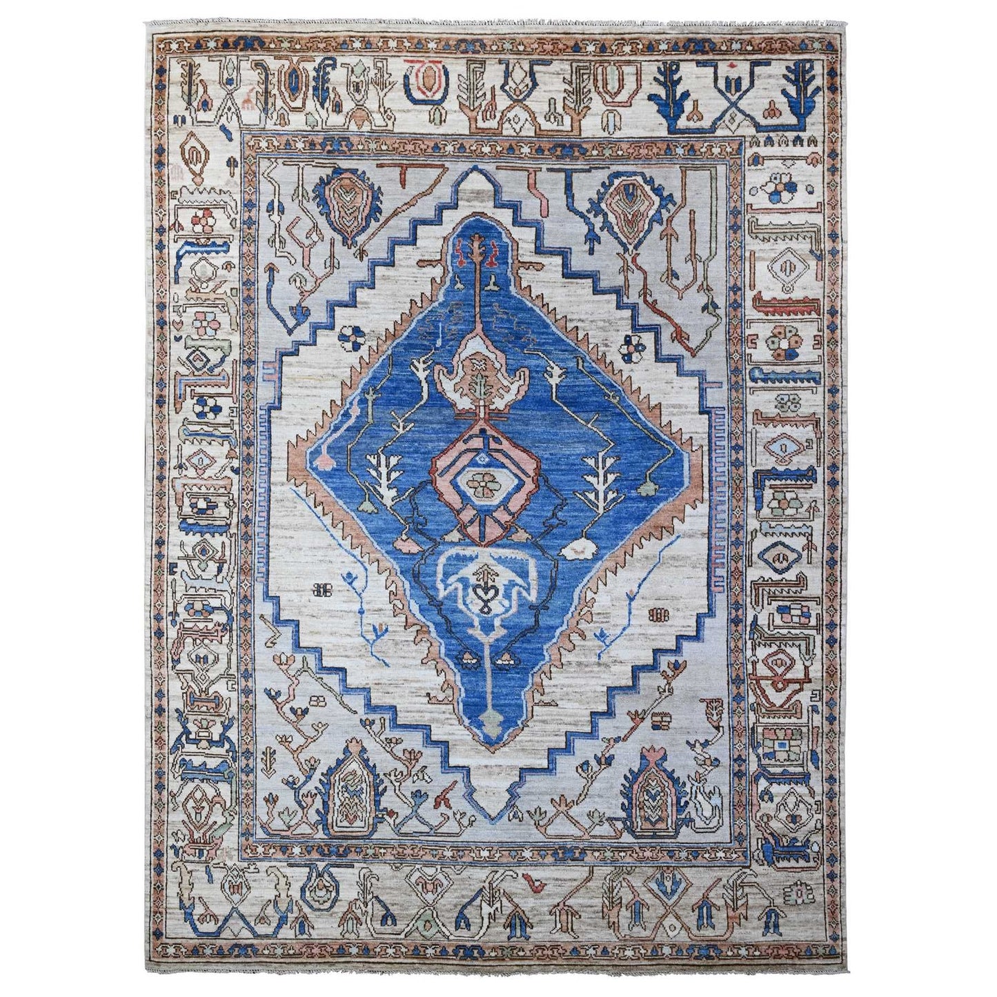 8'10"X11'9" Chrome Gray Turkish Village Motifs Hand Knotted Oriental Rug