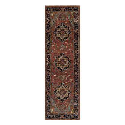 2'6"X8'3" Red Antiqued Heriz Re-Creation All Wool Hand Knotted Runner Rug