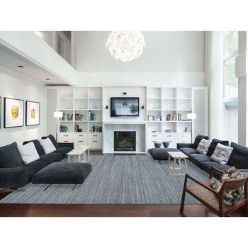 12'X15' Arsenic Gray Modern Striae Design Wool Hand Loomed Oversized Rug