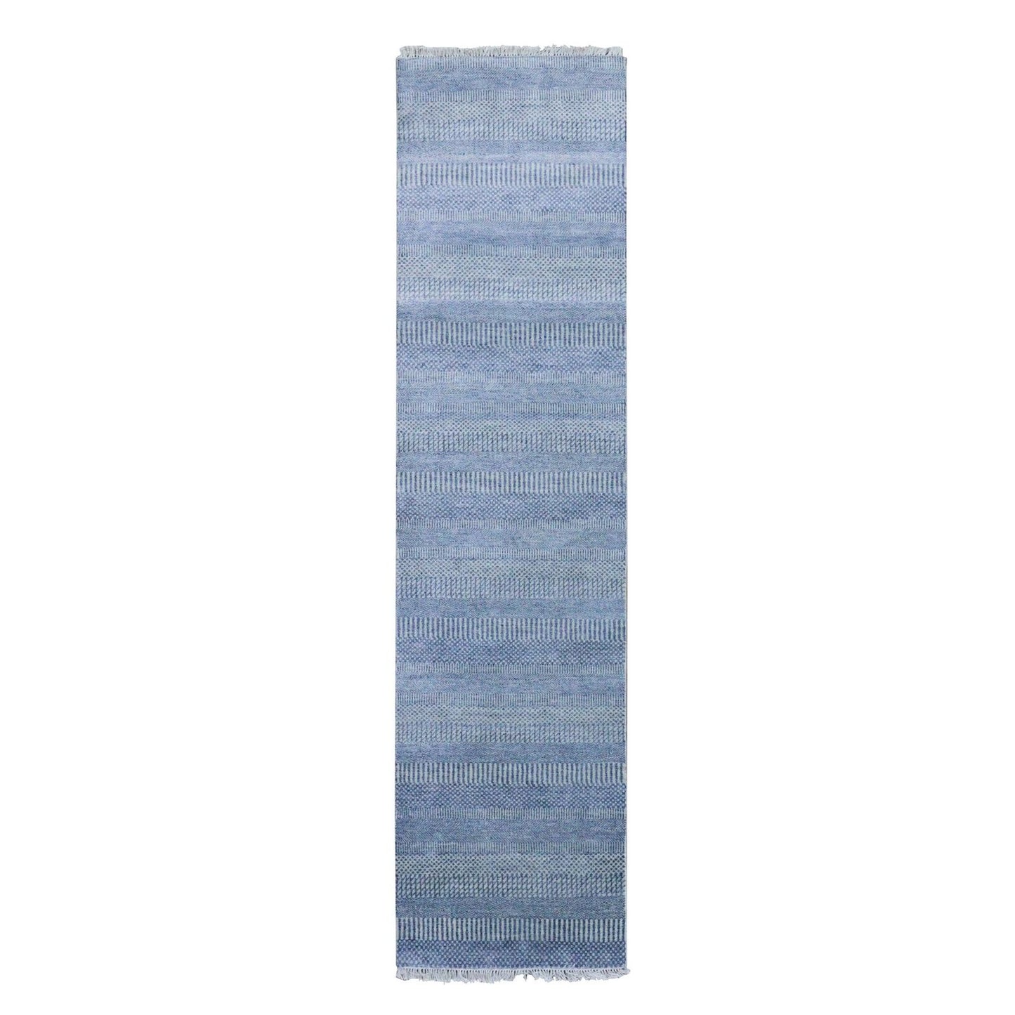 2'6"X9'10" Blue Hand Knotted Modern Grass Design Wool And Silk Runner Rug