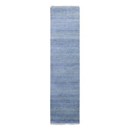 2'6"X9'10" Blue Hand Knotted Modern Grass Design Wool And Silk Runner Rug