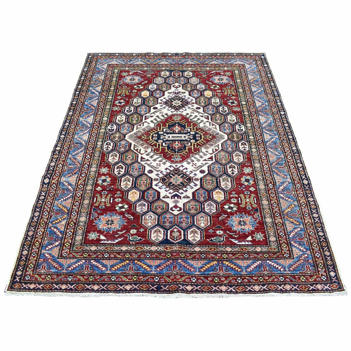 5'X6'5" Ivory Hand Knotted Soft Velvety Wool Super Kazak Rug