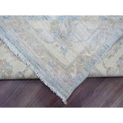 8'8"X12' Blue White Wash Peshawar Leaf Design Hand Knotted Pure Wool Rug