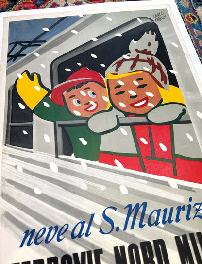 S Maurizio Ferrovie Nord Milano  Carlo Dradi Authentic 1948 Italian Ski  Poster