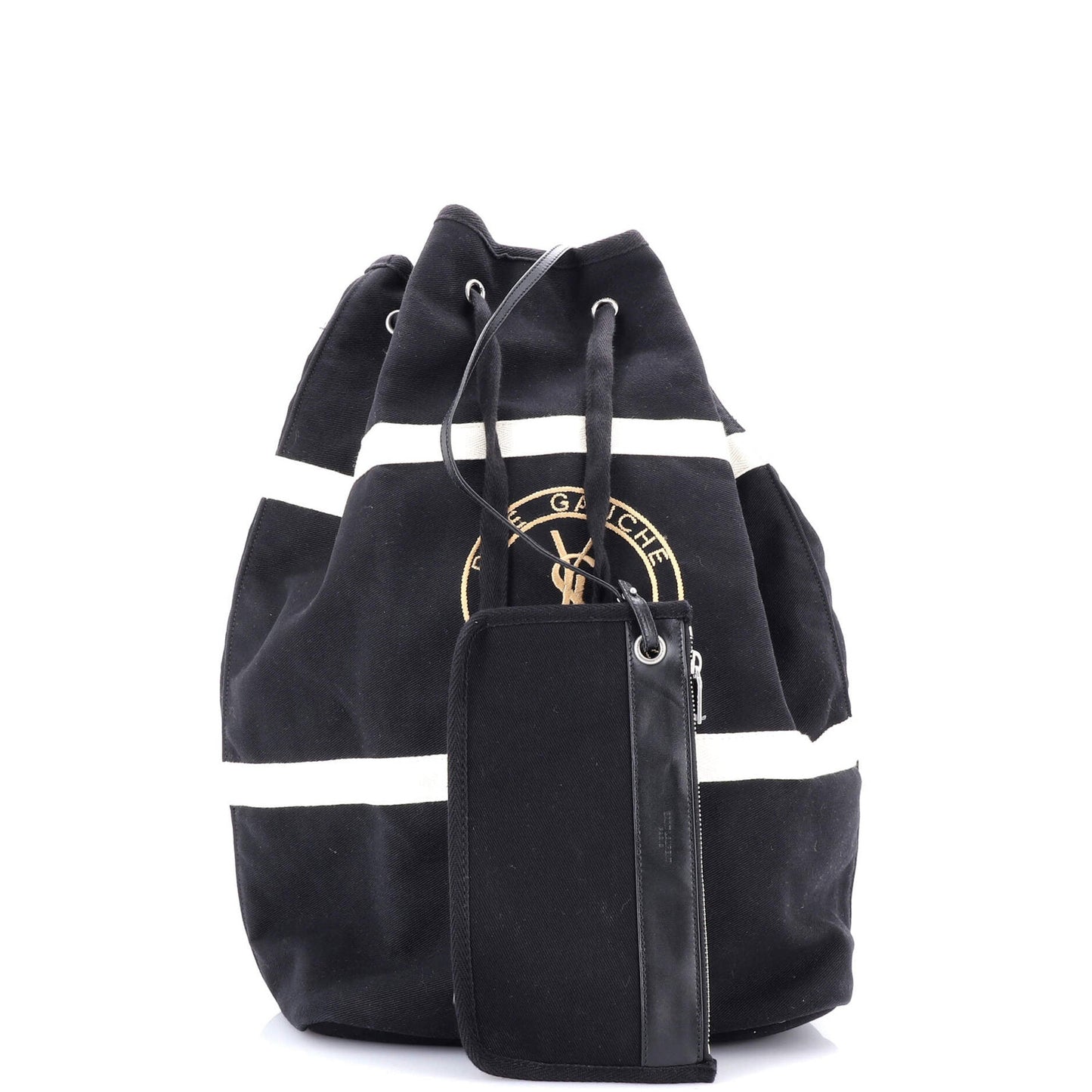 Saint Laurent Rive Gauche Drawstring Sling Bag Stripe Canvas Medium