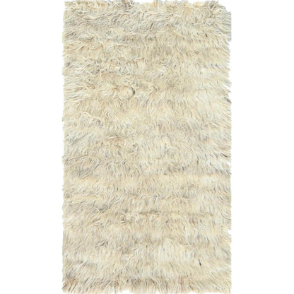 3'X5'4" Beige Undyed Natural Wool Hand Knotted Shaggy Moroccan Rug