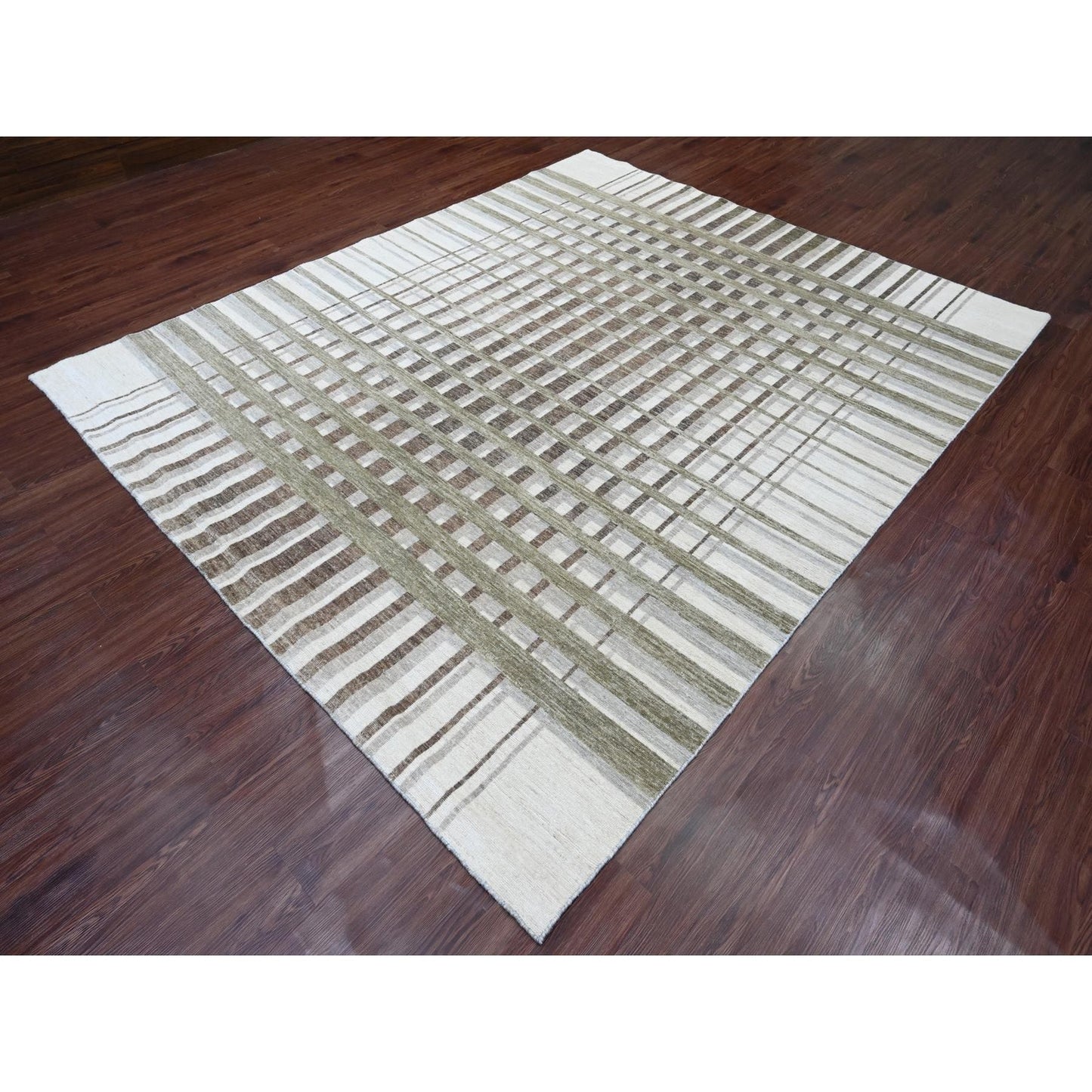 8'X9'9" Brown Bauhaus Inspired Line Design Hand Knotted Soft Wool Rug