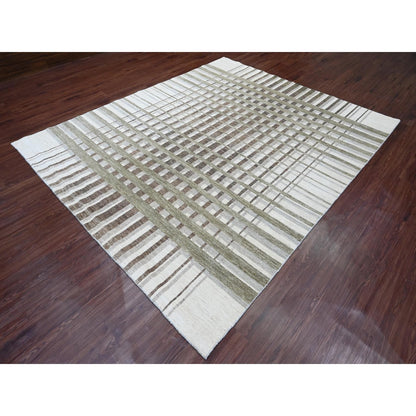 8'X9'9" Brown Bauhaus Inspired Line Design Hand Knotted Soft Wool Rug