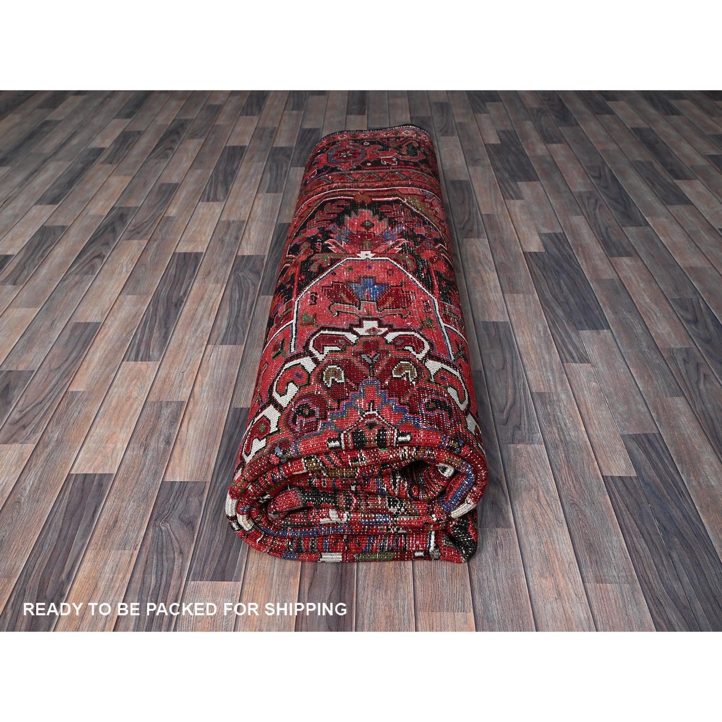 10'1"X12'7" Red Vintage Zoroastrian Heris Hand Knotted Wool Shaved Low Rug