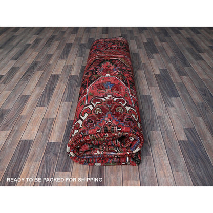 10'1"X12'7" Red Vintage Zoroastrian Heris Hand Knotted Wool Shaved Low Rug