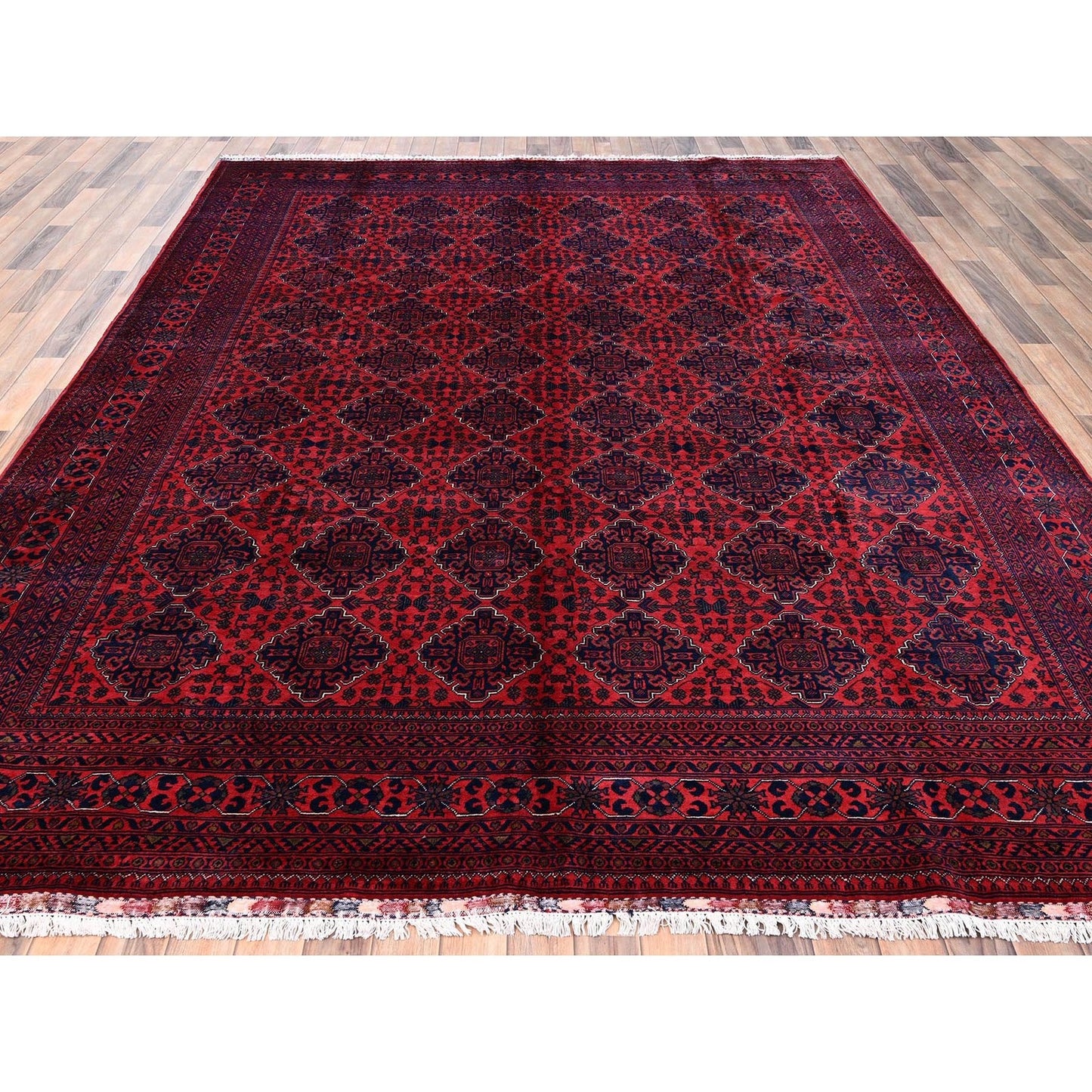 Rug 8'5"x11'2" Red Hand Knotted Afghan Khamyab with Geometric Pattern Wool