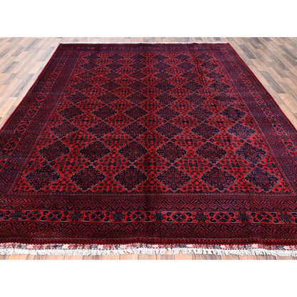 Rug 8'5"x11'2" Red Hand Knotted Afghan Khamyab with Geometric Pattern Wool