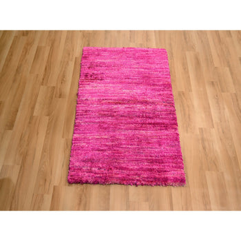 2'X3' Hot Pink Plain Solid Design Pure Sari Silk Hand Knotted Mat Rug