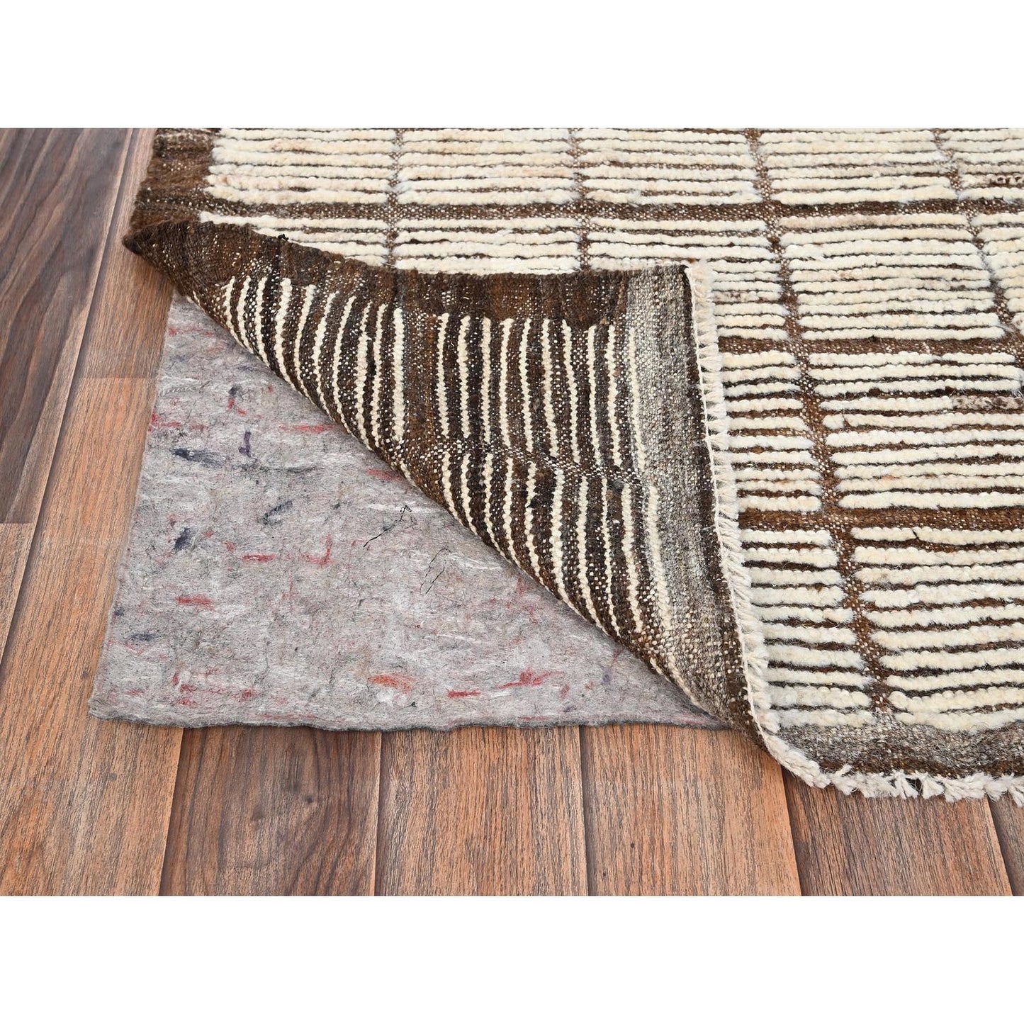 2'9"X9'5" Ivory Hand Knotted Rug Moroccan Weave Grid Design Wool Runner