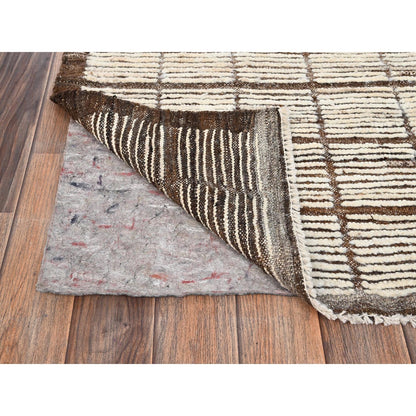 2'9"X9'5" Ivory Hand Knotted Rug Moroccan Weave Grid Design Wool Runner