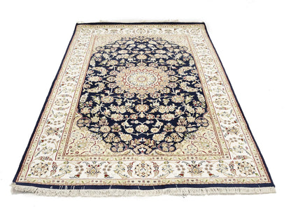 Indo-Nain Black Oriental Rug Floral Medallion