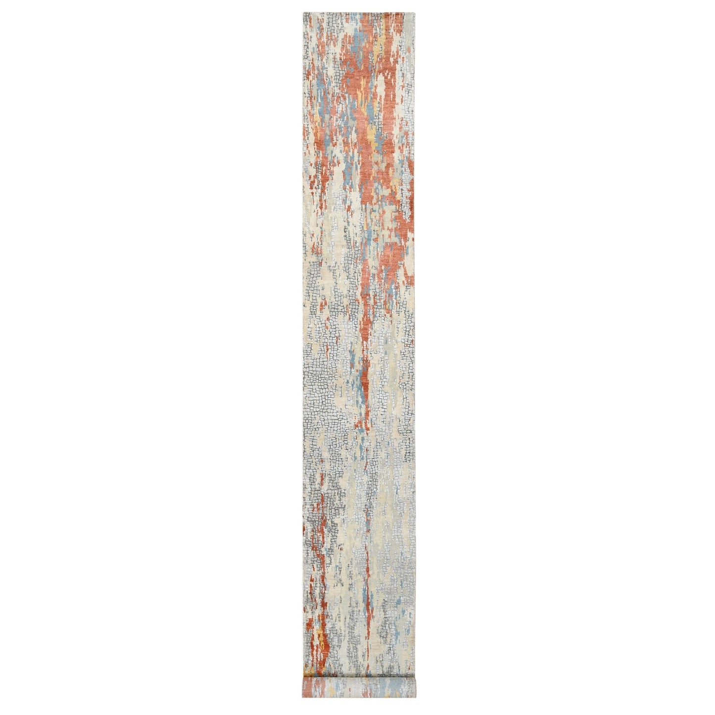 2'6"X17'8" Cream Hand Knotted Abstract Design Wool And Silk Xl Runner Rug