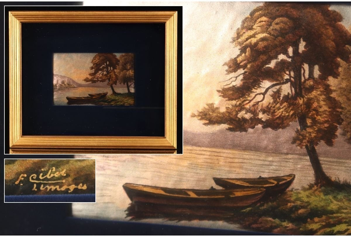 19Thc Limoges Enamel Miniature By F. Cibol  Lake Landscape Boats France