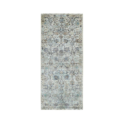 2'6"X6'2" Ivory Silk With Textured Wool Hand Knotted Runner Fine Rug