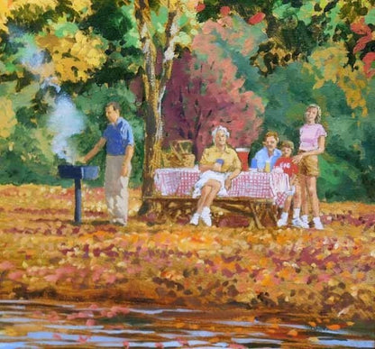 Oil painting of a lake scene with a boat in autumn, signed, large canvas.