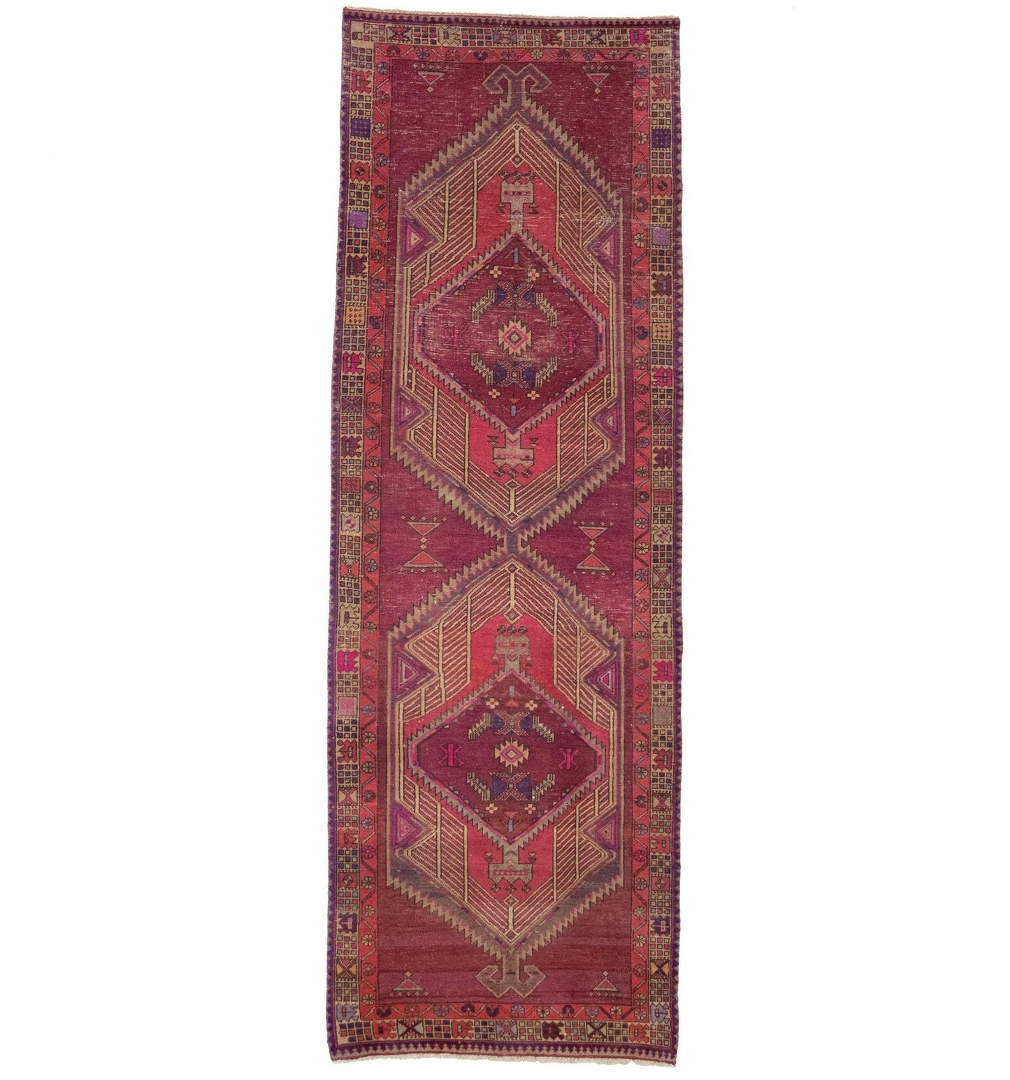 Oriental runner rug geometric tribal style carpet handmade vintage wool 4x11