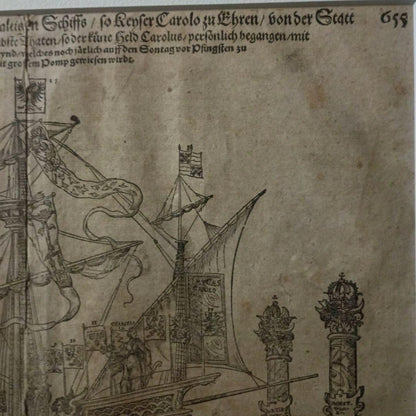 Sebastian Munster Woodcut 1628 Ship Of Emperor Charles V Rare Antique Print