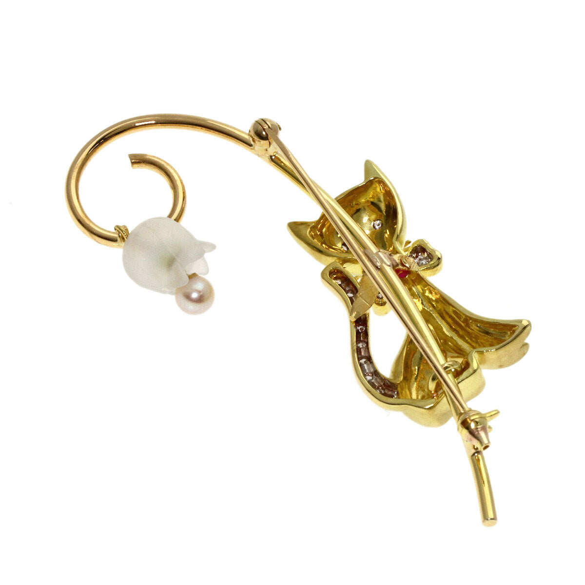Cat motif Pearl Pearl Diamond Brooch K18 Yellow