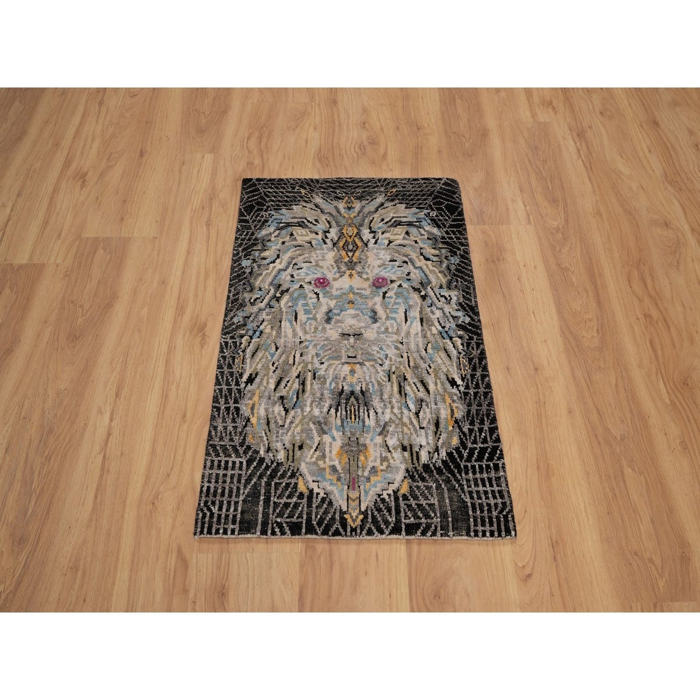 2'X3' Black The Maharaja Lion Novelty Mat Rug Wool And Silk Hand Knotted