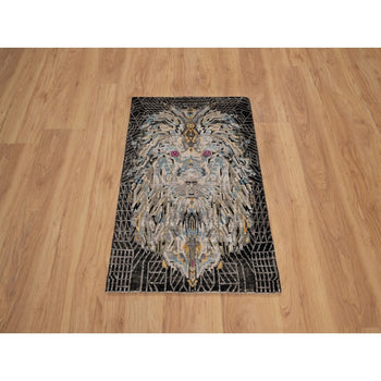 2'X3' Black The Maharaja Lion Novelty Mat Rug Wool And Silk Hand Knotted