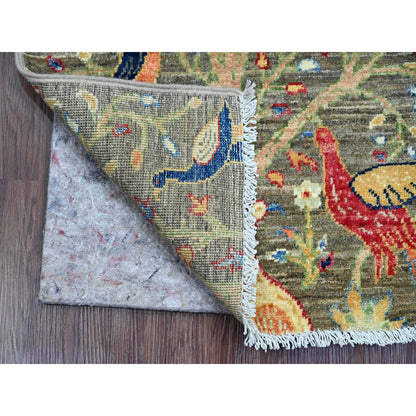 2'X3' Gray Hand Knotted Afghan Peshawar Birds Design Wool Mat Sample Rug