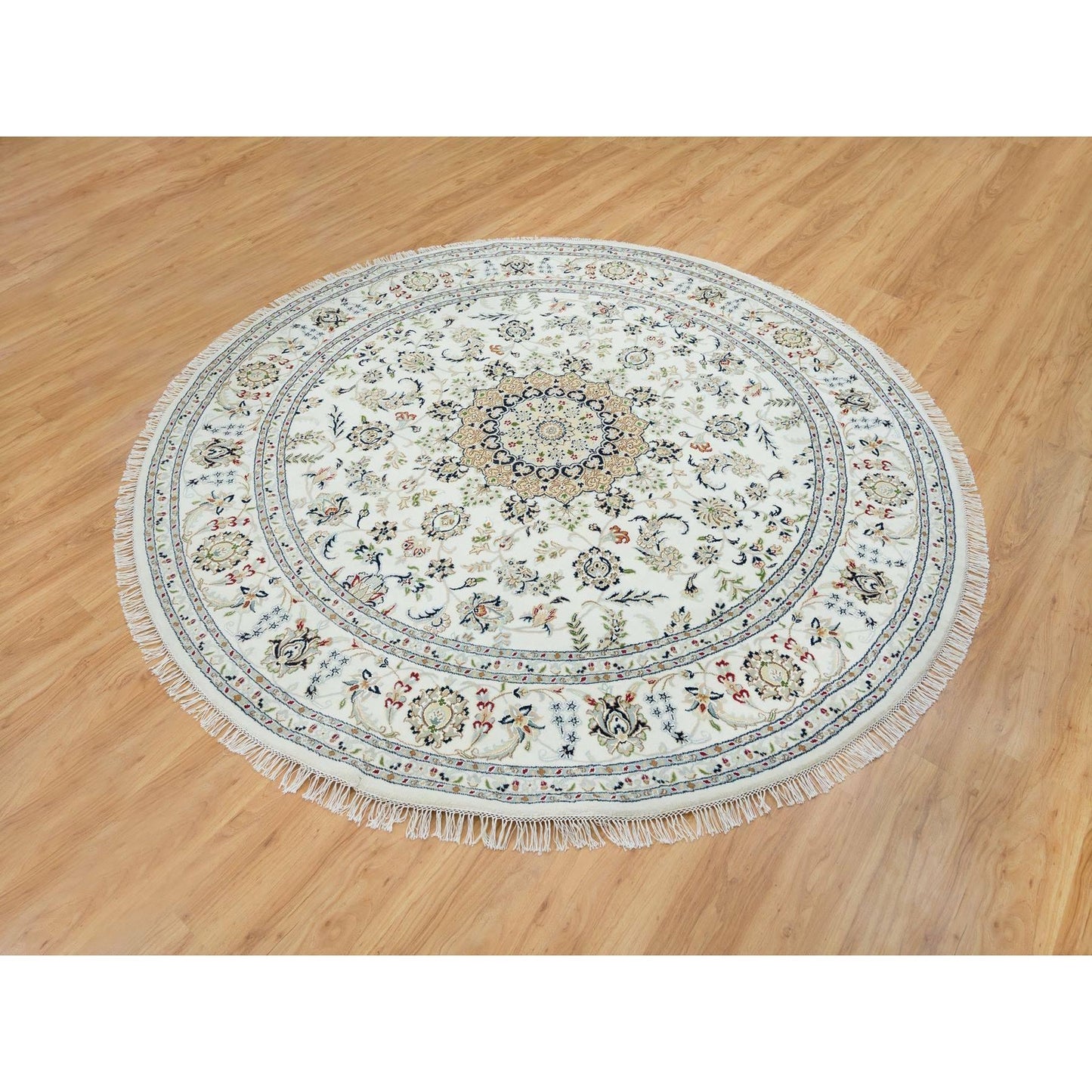 7'10"X7'10" Ivory Wool Hand Knotted Nain Design 250 Kpsi Round Rug