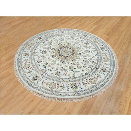 7'10"X7'10" Ivory Wool Hand Knotted Nain Design 250 Kpsi Round Rug