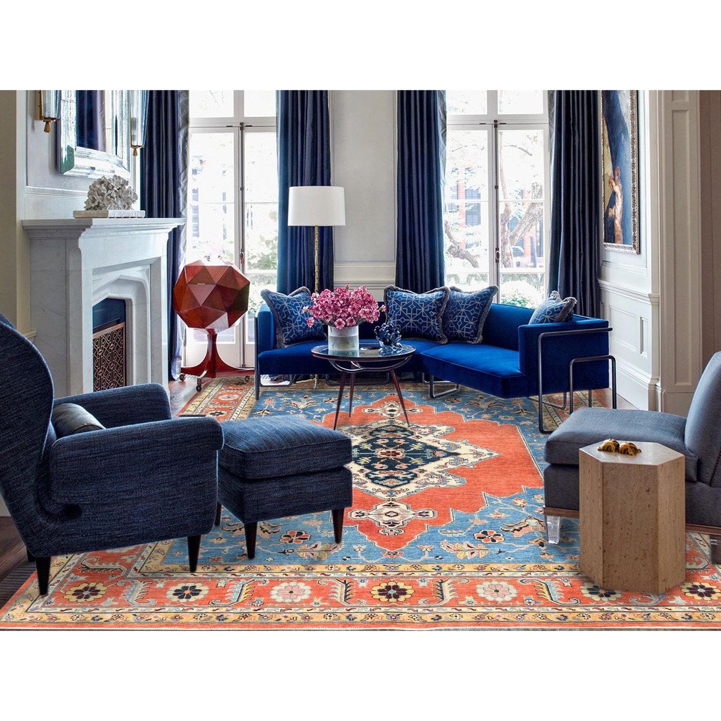 9'1"X11'8" Orange Afghan Peshawar Bookshaish Pure Wool Hand Knotted Rug