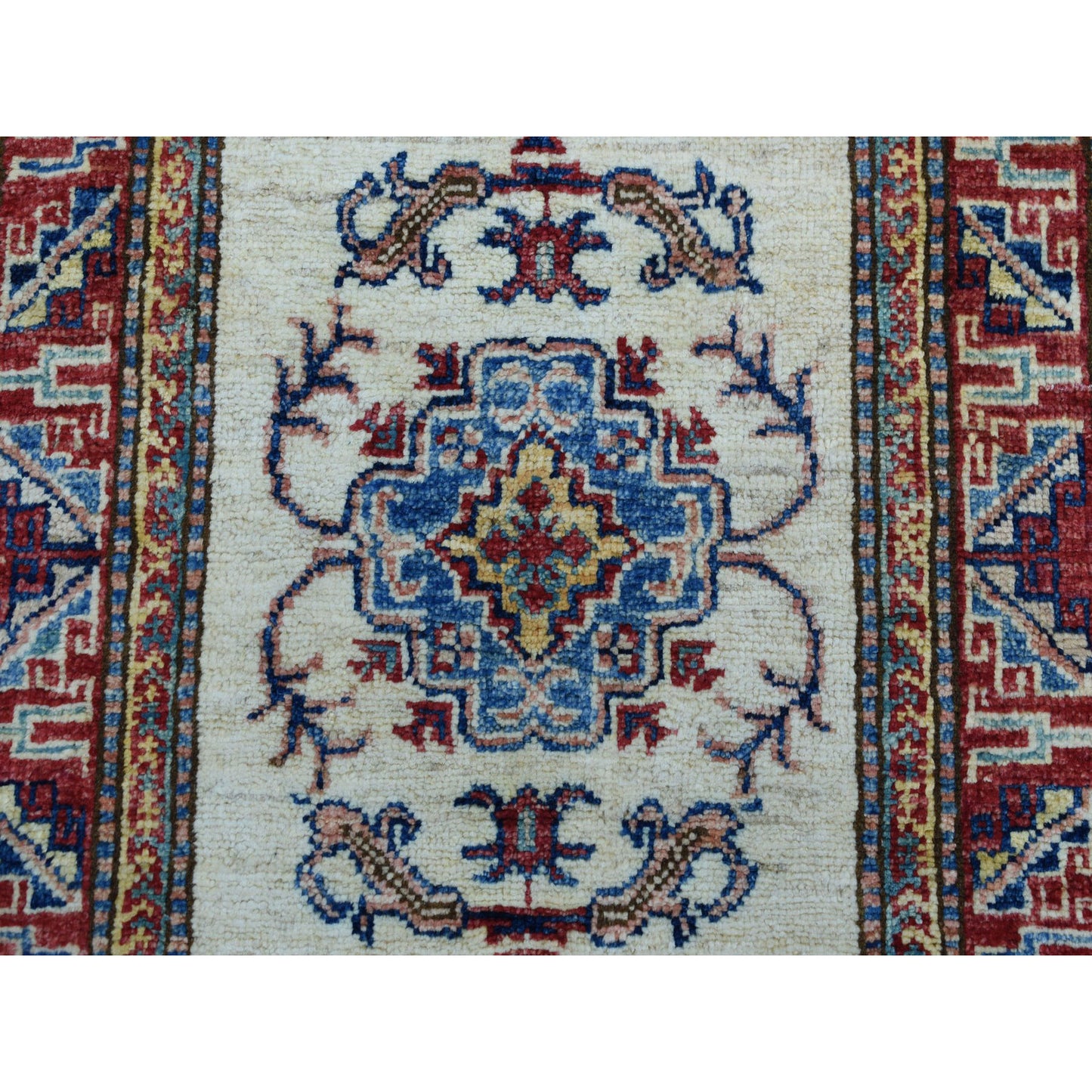 2'1"X3'2" Ivory Super Kazak Pure Wool Geometric Design Handmade Rug