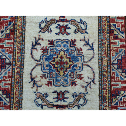 2'1"X3'2" Ivory Super Kazak Pure Wool Geometric Design Handmade Rug