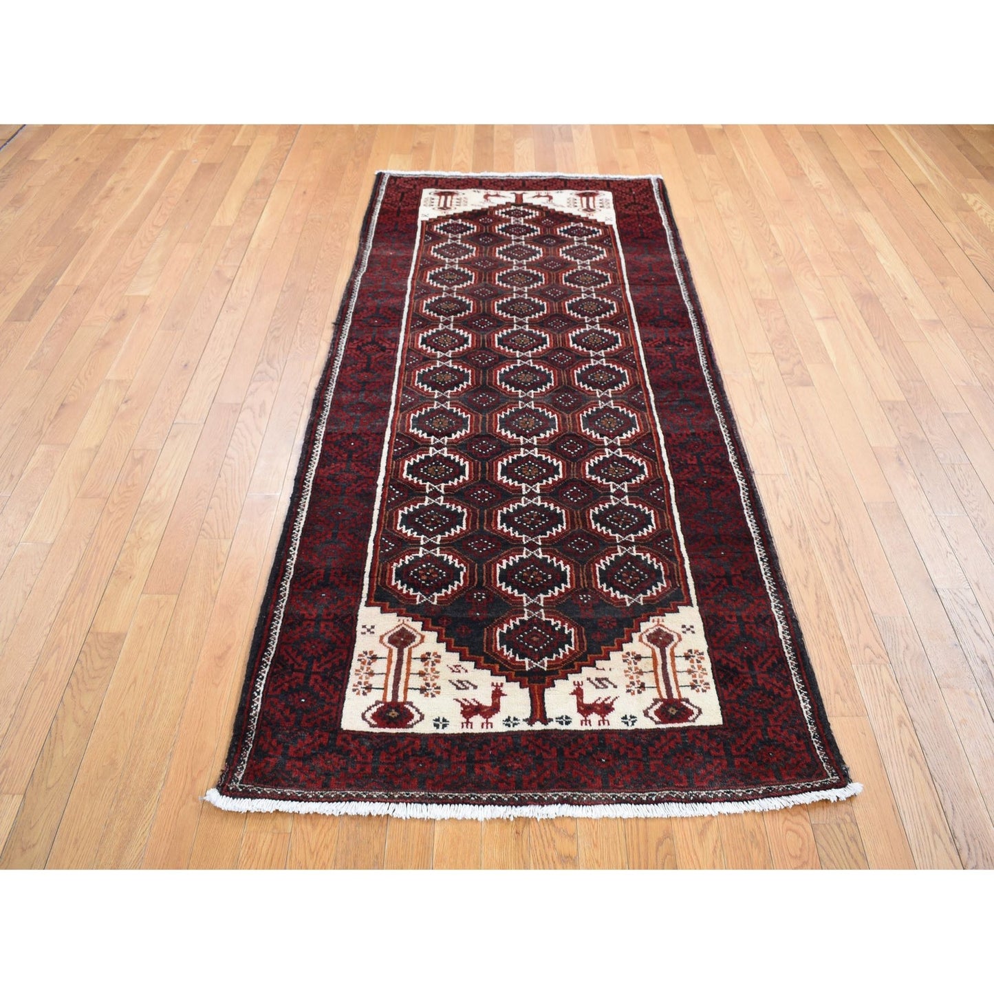 3'8"X8' Red Vintage Zoroastrian Balooch Wool Hand Knotted Wide Runner Rug