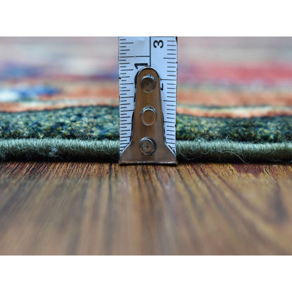 4'X9'8" Green Afghan Turkoman Geometric Wool Hand Knotted Runner Rug