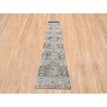 2'6"X20' Gray Transitional Hand Knotted Farsian Silk/Wool Xl Runner Rug