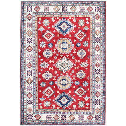 5'10"X8'8" Red Kazak With Geometric Medallions Design Wool Hand Knotted Rug