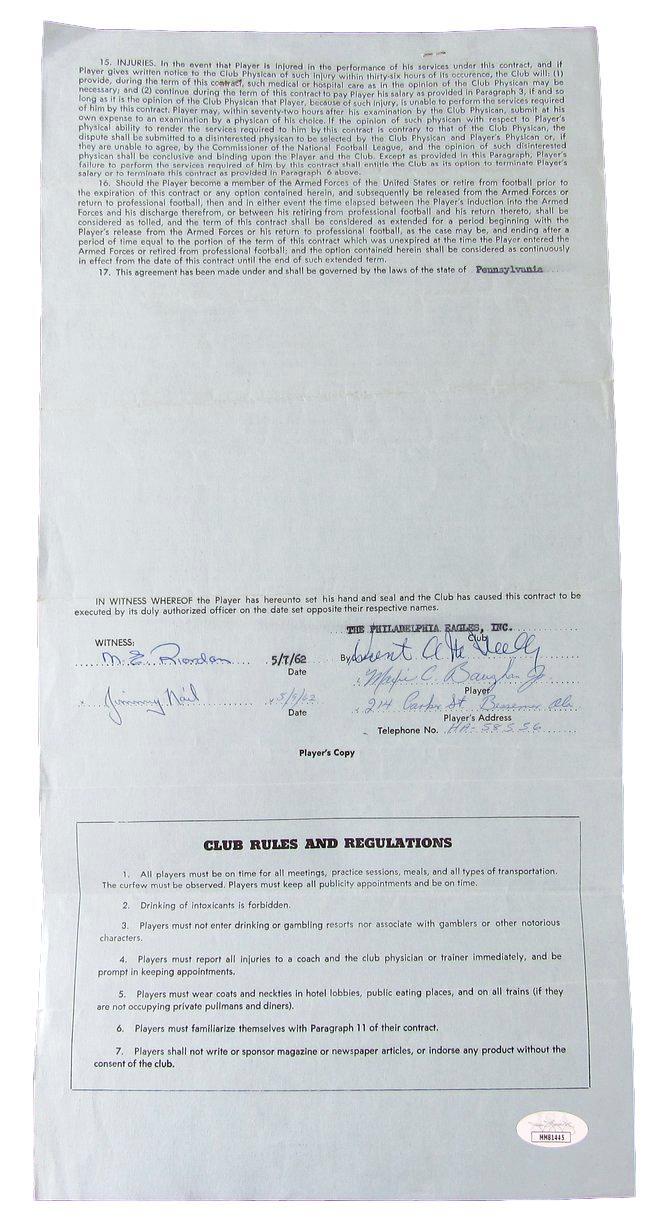 Maxie Baughan Philadelphia Eagles Signed/Autographed 1962 Contract Jsa 160870